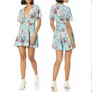 Show Me Your Mumu Floral Deep V-Neck Flutter Sleeve Mini Dress Blue XSmall